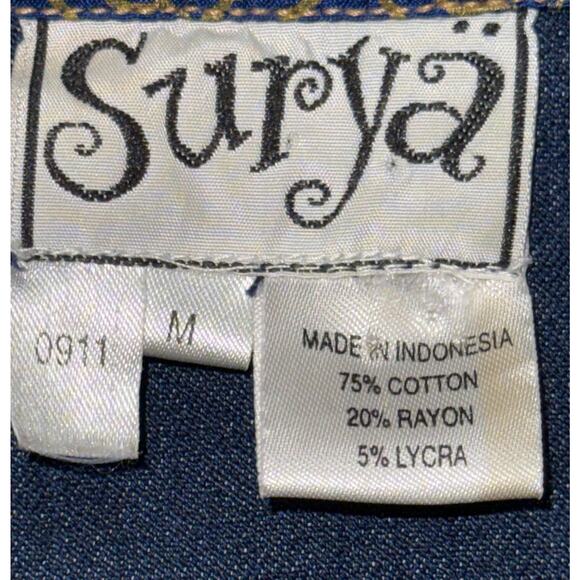 Surya Women's Denim Patchwork Shirt Blue Size M Long Sleeve Button Up Boho - Picture 2 of 5